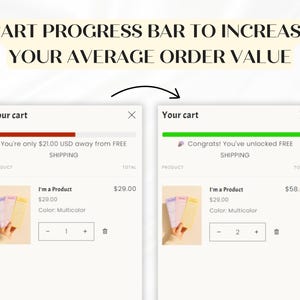Puede incluir: Gr&aacute;fico digital que muestra una barra de progreso del carrito. El texto dice: "BARRA DE PROGRESO DEL CARRITO PARA AUMENTAR EL VALOR MEDIO DE TU PEDIDO". El carrito muestra un producto por 29,00 &euro;. El primer carrito tiene una barra roja, el segundo verde.