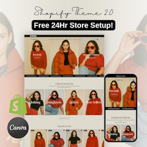Könnte beinhalten: Werbebild für ein Shopify-Theme, das eine Website und ein Telefon mit dem Design des Themes zeigt. Das Theme präsentiert Kleidung, Sonnenbrillen und Jacken. Der Text enthält "Shopify Theme 2.0" und "Free 24Hr Store Setup!"