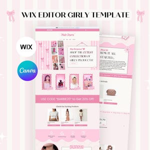 Op de afbeelding: Een roze en witte Wix editor girly template met de tekst "WIX EDITOR GIRLY TEMPLATE". De template bevat een website ontwerp met de tekst "Koop de leukste collectie girly producten!" en de code "BARBIE20" voor 20% korting.