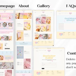 Puede incluir: Maqueta de dise&ntilde;o web con varias p&aacute;ginas mostradas, incluyendo "Homepage", "About", "Gallery", "FAQs" y "Contact". El dise&ntilde;o presenta una paleta de colores pastel con acentos rosas, amarillos y azules. El texto "Have a Question or Need Help?" es visible.