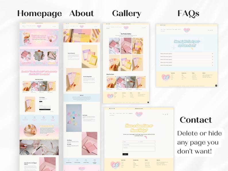 Puede incluir: Maqueta de dise&ntilde;o web con varias p&aacute;ginas mostradas, incluyendo "Homepage", "About", "Gallery", "FAQs" y "Contact". El dise&ntilde;o presenta una paleta de colores pastel con acentos rosas, amarillos y azules. El texto "Have a Question or Need Help?" es visible.