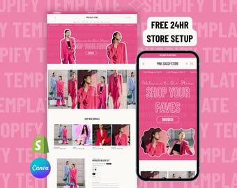 Pink Shopify Theme, Bold Website Template, Feminine Ecommerce Store for Girly Small Business with Editable Canva Web Banners & Logos, OS 2.0
