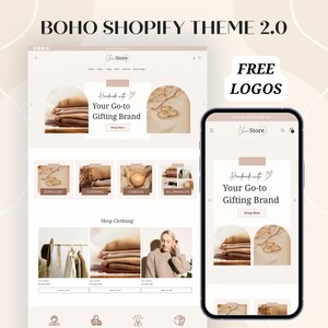 Peut inclure: Présentation d'un thème de site web Shopify, affiché sur un ordinateur portable et un smartphone. Le thème, appelé "Boho Shopify Theme 2.0", présente une palette de couleurs neutres avec le texte "Your Go-to Gifting Brand" et "Free Logos".