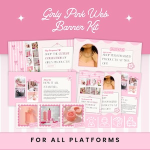 Puede incluir: Un kit de banners web digitales con una paleta de colores rosa, rayas blancas y detalles de lazos. El diseño incluye varias plantillas con marcadores de posición de texto, marcos para imágenes de productos e iconos de perfumes y cuidado.