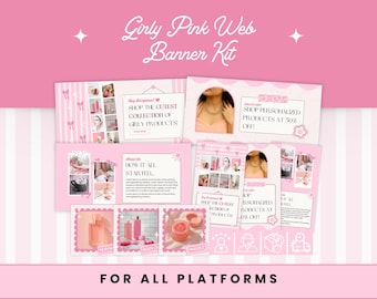 Girly Pink Web Banner Bundle, Cute Girly Canva Template Set, Feminine Website Design Kit for Small Business Marketing, Wix Shopify & More