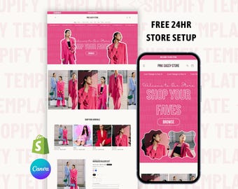 Hot Pink Shopify Theme, Bold Website Template, Feminine Ecommerce Store for Small Business with Editable Canva Web Banners & Logos, OS 2.0