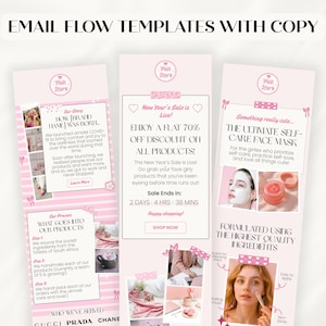Op de afbeelding: Roze e-mail flow templates met tekst. De templates bevatten tekst over het verhaal van het merk, producten en een Nieuwjaarsverkoop met 70% korting. De templates bevatten ook afbeeldingen van huidverzorgingsproducten.