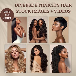 Può includere: Una pubblicità per immagini e video stock con diverse etnie. Le immagini mostrano donne con varie acconciature, tra cui capelli lunghi e lisci, capelli mossi e tagli corti. Il testo "Diverse Ethnicity Hair Stock Images + Videos" è visualizzato in alto.