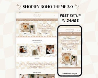 Boho Shopify Theme, Feminine Website Template for Small Business, Cute Ecommerce Store Design with Editable Canva Web Banners, Logo, OS 2.0