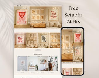 Wall Art Shopify Theme, Beige Website Template for Small Business, Wall Print Ecommerce Store Design with Editable Canva Web Banners, OS 2.0