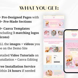 Puede incluir: Imagen que muestra un dise&ntilde;o de sitio web con un tema pastel, exhibido en una computadora port&aacute;til y un tel&eacute;fono inteligente. El texto destaca caracter&iacute;sticas como p&aacute;ginas predise&ntilde;adas, plantillas de Canva y tutoriales en video. El tel&eacute;fono muestra el texto "The Cutest Assortment of Everything Pastel".