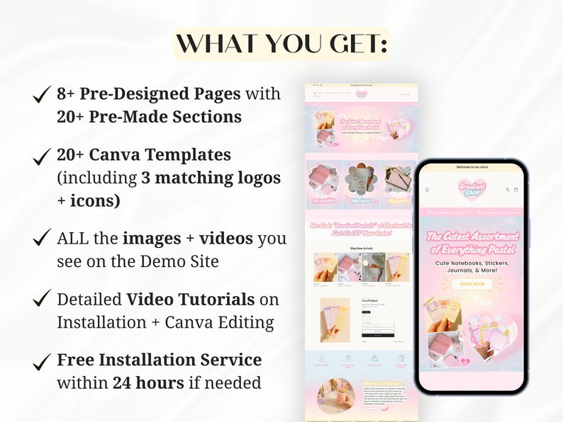 Puede incluir: Imagen que muestra un dise&ntilde;o de sitio web con un tema pastel, exhibido en una computadora port&aacute;til y un tel&eacute;fono inteligente. El texto destaca caracter&iacute;sticas como p&aacute;ginas predise&ntilde;adas, plantillas de Canva y tutoriales en video. El tel&eacute;fono muestra el texto "The Cutest Assortment of Everything Pastel".