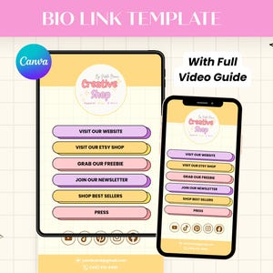 May include: A digital template for a bio link, displayed on a tablet and a smartphone. The design features pastel colors, with buttons to visit a website, Etsy shop, and more. The text "BIO LINK TEMPLATE" is at the top.