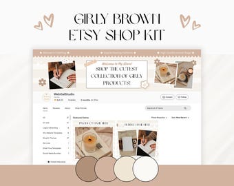 Girly Brown Etsy Shop Kit, Editable Canva Template Bundle for Small Business, Cute Feminine Store Bundle with Banners, Photos, Icons, & More