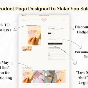 Puede incluir: Un dise&ntilde;o de p&aacute;gina de producto con el texto "Product Page Designed to Make You Sales". Incluye un bot&oacute;n "A&ntilde;adir a la lista de deseos", una "Insignia de descuento", un "Campo de personalizaci&oacute;n", una "Alerta de bajo stock" y una secci&oacute;n "Tambi&eacute;n te puede gustar".