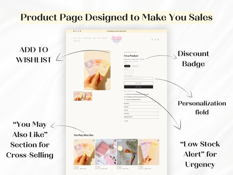 Puede incluir: Un dise&ntilde;o de p&aacute;gina de producto con el texto "Product Page Designed to Make You Sales". Incluye un bot&oacute;n "A&ntilde;adir a la lista de deseos", una "Insignia de descuento", un "Campo de personalizaci&oacute;n", una "Alerta de bajo stock" y una secci&oacute;n "Tambi&eacute;n te puede gustar".