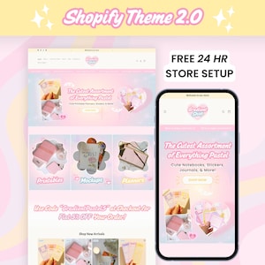 Puede incluir: Dise&ntilde;o de sitio web de tienda Shopify con tema pastel, mostrado tanto en escritorio como en m&oacute;vil. El dise&ntilde;o presenta el texto "The Cutest Assortment of Everything Pastel". La imagen tambi&eacute;n muestra el texto "Shopify Theme 2.0" y "FREE 24 HR STORE SETUP."