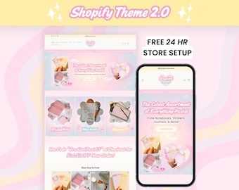 Digital Product Shopify Theme, Pastel Gradient Website Template Kit for Ecommerce Stores, Cute Pink Blue Yellow Web Design with Free Install