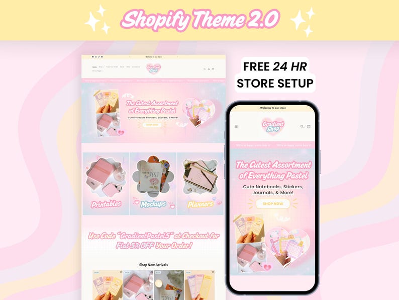 Puede incluir: Dise&ntilde;o de sitio web de tienda Shopify con tema pastel, mostrado tanto en escritorio como en m&oacute;vil. El dise&ntilde;o presenta el texto "The Cutest Assortment of Everything Pastel". La imagen tambi&eacute;n muestra el texto "Shopify Theme 2.0" y "FREE 24 HR STORE SETUP."