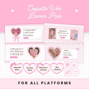 Puede incluir: Un paquete de banners digitales con una paleta de colores rosa claro, marcos en forma de corazón, lazos y patrones de cuadrícula. El texto incluye Coquette Web Banner Pack, Grab Your Favorites, Welcome to our store, On All Items Until July 10!, View Our Full Gallery, Adorable Shoes, On Sale Items, Whimsical Jewelry y New Arrivals.