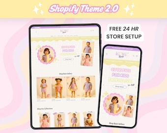 Kids Shopify Theme, Pastel Website Template for Small Business, Playful Ecommerce Store Design with Editable Canva Web Banners, Logo, OS 2.0