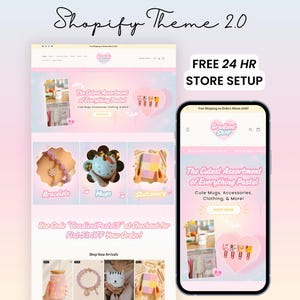 May include: A website and smartphone display showcasing a pastel-themed online store. The website features bracelets, mugs, and stationery. The smartphone displays the store's name and the text "The Cutest Assortment of Everything Pastel."