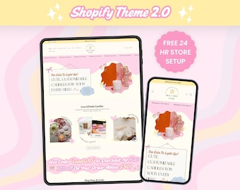 May include: A tablet and smartphone display a Shopify theme for an online candle store. The theme features a pink and yellow color scheme with the text "Too Cute To Light Up!" and "Cute, Customizable Candles for Your Every Need."