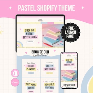 Shopify-Theme-Kit in Pastellfarben, verspielte Website-Vorlage für Kleinunternehmen mit bearbeitbaren Canva-Bannern, farbenfrohes Webdesign-Paket mit Logo