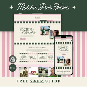 May include: A digital website template titled Matcha Pink Theme displayed on a desktop monitor and a smartphone screen. The layout features a cream background with dark green and pink accents, showcasing product categories and promotional imagery.