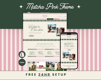 Matcha Pink Shopify Theme, Girly Stripe Website Template for Small Business, Pink Green Web Design Kit with Editable Canva Banner, Logo Pack