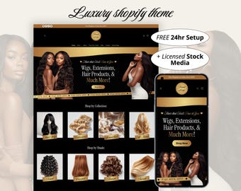 Dark Hair Shopify theme, Luxury Gold Store Website Template for Selling Wigs, Extensions, Hair Care Products, DIY Ecommerce Web Design Kit