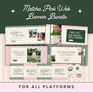 Puede incluir: Un paquete digital de banners web con un tema de rayas en verde matcha y rosa claro. El conjunto incluye varios banners rectangulares con texto como Welcome to Our Store, Sale is Live y Check Out Our Gallery, junto con iconos circulares.