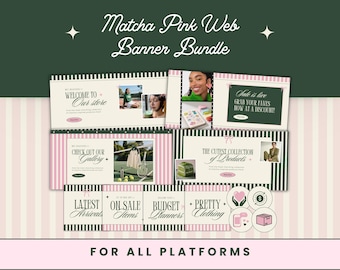 Matcha Pink Web Banner Set, Cute Girly Canva Design Template Bundle for Small Business, Website Banner Pack for Shopify, Wix, WordPress, etc