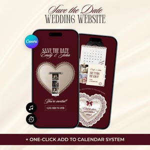 Puede incluir: Dos teléfonos inteligentes que muestran una plantilla de sitio web de bodas digital con un fondo burdeos intenso. Las pantallas presentan un marco en forma de corazón, una tira de fotos, un calendario de diciembre de 2024 y texto como Save the Date, Emily & John y You're invited.