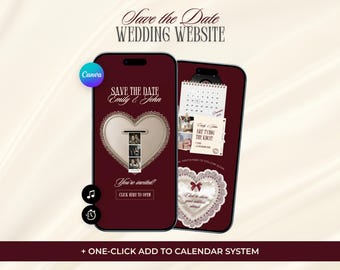 Burgundy Save the Date Wedding Website Template, Photobooth Canva Site with Music, Countdown Timer, RSVP Form, Elegant & Luxury Web Design