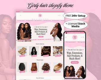 Pink Hair Shopify Theme, Girly Website Store Template for Small Wig, Extension, Salon, Hair Care Business, Cute Ecommerce Shop Web Design