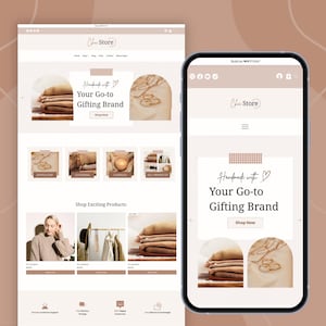Peut inclure: Conception de site web pour une boutique en ligne, présentée sur ordinateur et mobile. Le site présente une palette de couleurs neutres avec le texte "Chic Store" et "Handmade with Your Go-to Gifting Brand". Les catégories de produits incluent bijoux, vêtements et bougies.
