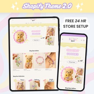 May include: A tablet and smartphone display a website showcasing crochet goods. The website features a teddy bear holding a flower, a bunny, and various crochet items. Text includes "Shopify Theme 2.0" and "CROCHET GOODIES SALE IS LIVE".