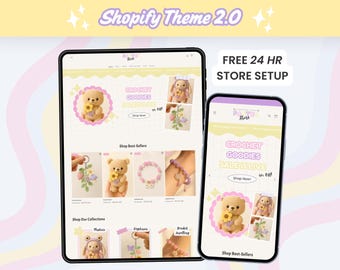 Crochet Shopify Theme, Pastel Website Template for Small Business, Cute Ecommerce Store Design with Editable Canva Web Banners, Logo, OS 2.0