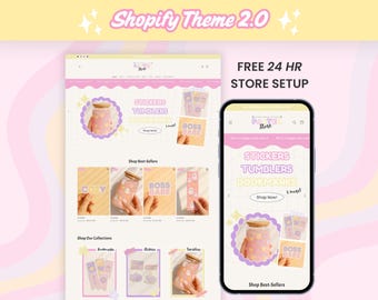Tema Pastel para Shopify, plantilla web divertida para pequeñas empresas, diseño de tienda de comercio electrónico adorable con banners web editables en Canva, logotipo, sistema operativo 2.0.