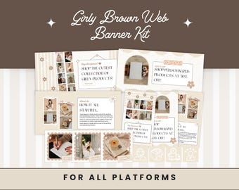 Girly Brown Web Banner Kit, Cute Editable Website Design Set for Small Business, Feminine Playful Canva Bundle for Shopify, Wix, & More