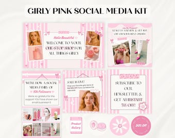 Girly Pink Social Media Kit, 15 Posts, Banners, Highlight Covers, Profile Icons, Canva Templates for Small Biz, Facebook, Instagram, & More