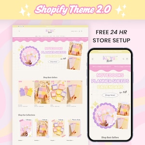 Op de afbeelding: Een website-ontwerp in pastelkleuren, met notebooks, planners en kalenders. Het ontwerp wordt weergegeven op een computerscherm en een smartphone, met de tekst "Shopify Theme 2.0" en "FREE 24 HR STORE SETUP".