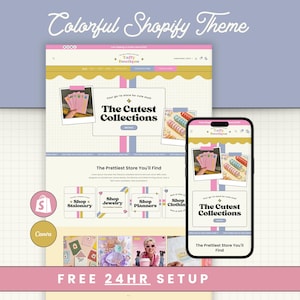 Colorful Shopify Template, Playful Ecommerce Website Theme with Editable Canva Design Bundle, Bright Pastel Web Site Kit with Banners, Logos