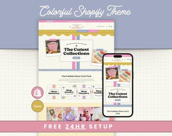Colorful Shopify Template, Playful Ecommerce Website Theme with Editable Canva Design Bundle, Bright Pastel Web Site Kit with Banners, Logos