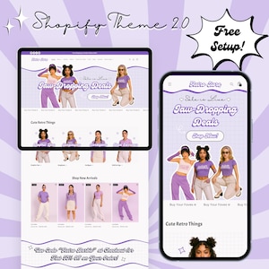 Puede incluir: Una pantalla digital que muestra un tema de Shopify, con una interfaz de sitio web y aplicación móvil. El tema es de color púrpura, con el texto "Jaw-Dropping Deals" y "Retro Store". La imagen también incluye el texto "Free Setup!"