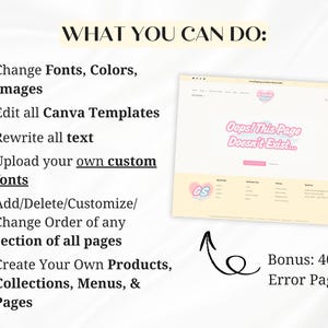 Puede incluir: Maqueta de p&aacute;gina web con el texto "Oops! This Page Doesn't Exist...". La imagen destaca funciones como cambiar fuentes, editar plantillas, reescribir texto y crear productos. Bono: P&aacute;gina de error 404.