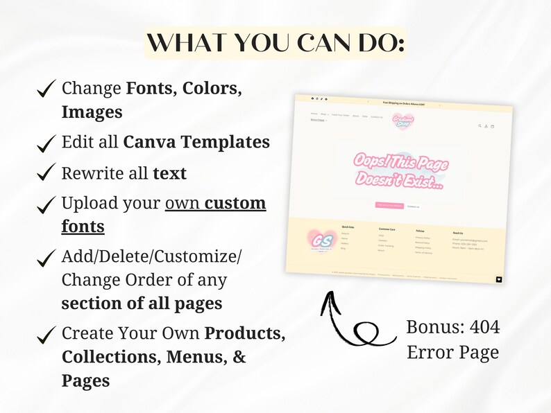 Puede incluir: Maqueta de p&aacute;gina web con el texto "Oops! This Page Doesn't Exist...". La imagen destaca funciones como cambiar fuentes, editar plantillas, reescribir texto y crear productos. Bono: P&aacute;gina de error 404.