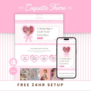 Könnte beinhalten: Ein Website-Template-Design mit dem Titel Coquette Theme, das auf einem Desktop-Monitor und einem Smartphone-Bildschirm angezeigt wird. Das Layout bietet eine hellrosa Farbpalette, herzförmige Grafiken und Text wie The Cutest Stuff Grab Your Favorites.