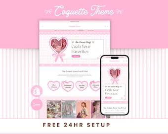 Coquette Shopify Theme, Pretty Pink Website Template for Small Business with Branding Kit, Girly Cute Web Design Bundle with Canva Logo Set
